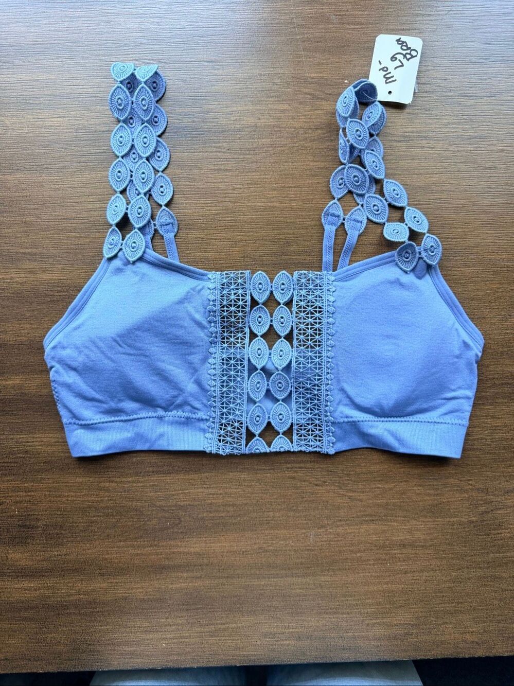 Free People Blue Lace Panel Crop Top Bralette Halter Straps Size M/L Boho